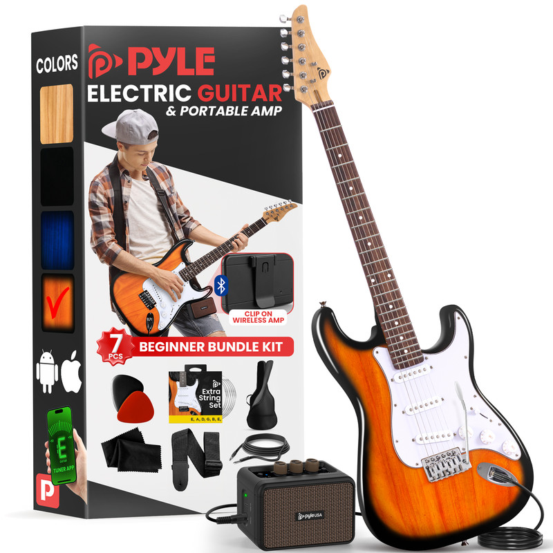 Ein orangefarbene E-Gitarre mit Zubehör und tragbarem Verstärker.