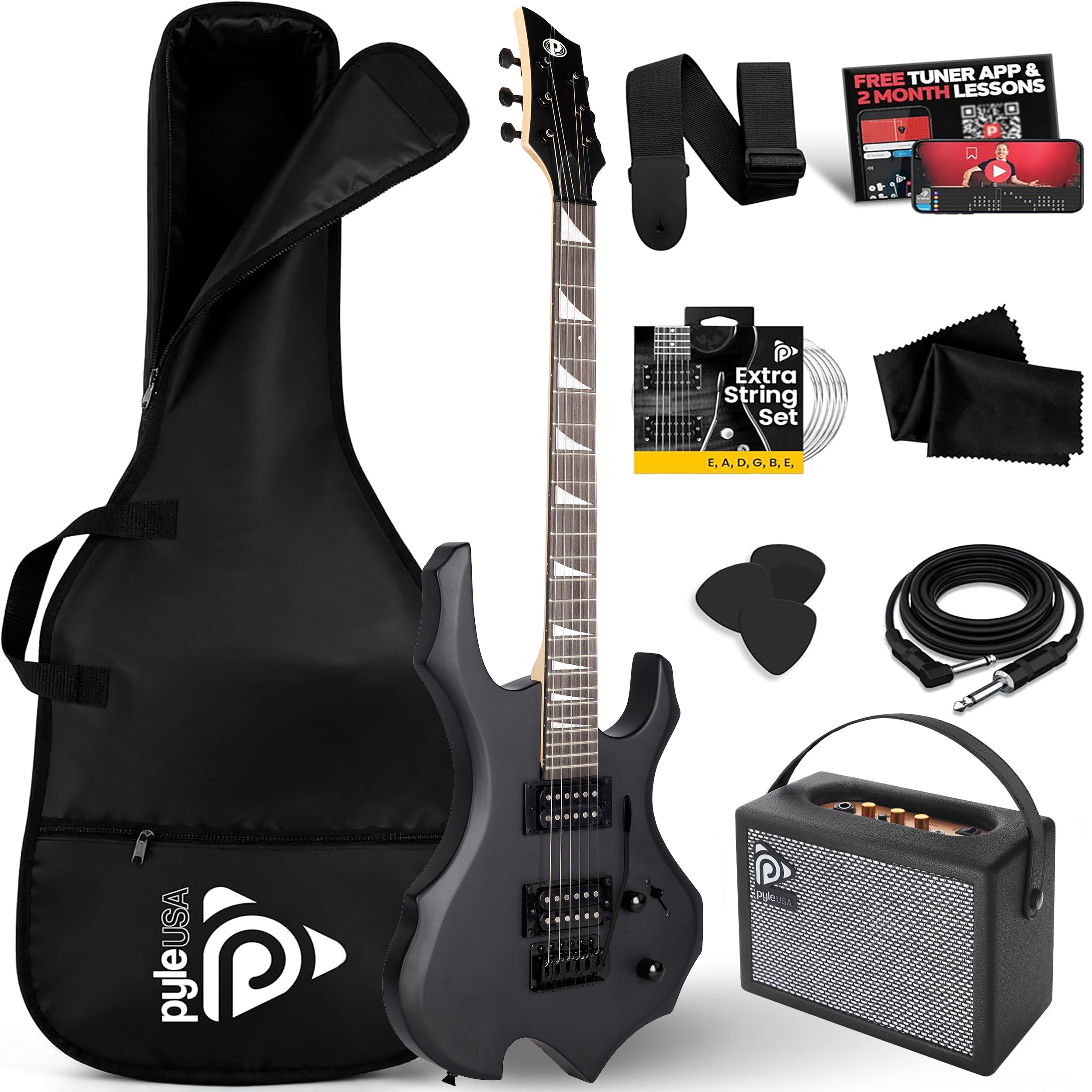 Schwarze E-Gitarre mit Zubehör: Tasche, Gurt, Kabel, Plektren, Saiten, Tuch & Mini-Amp.