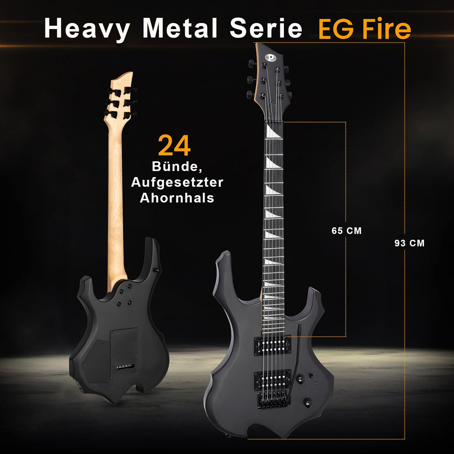 Zwei schwarze E-Gitarren, eine von vorne, eine von hinten. Maße 65 cm und 93 cm.