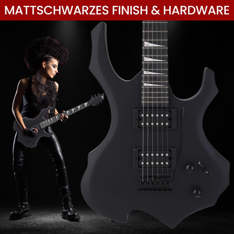Eine Frau mit Irokesenschnitt spielt eine schwarze E-Gitarre, die Gitarre ist im Fokus.
