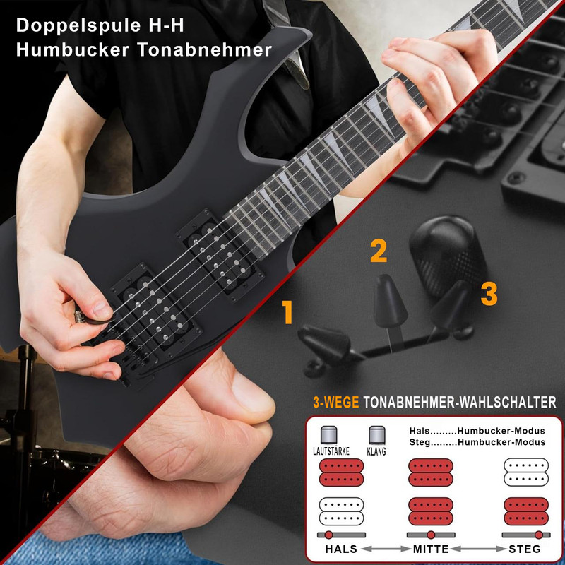 Nahaufnahme eines schwarzen E-Gitarrenhalses mit Humbucker-Tonabnehmern und Wahlschalter.