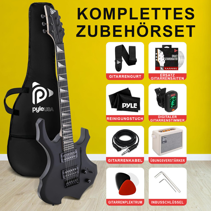 Schwarze E-Gitarre mit Zubehör: Gurt, Saiten, Tuch, Stimmgerät, Kabel, Verstärker, Plektren, Schlüssel.