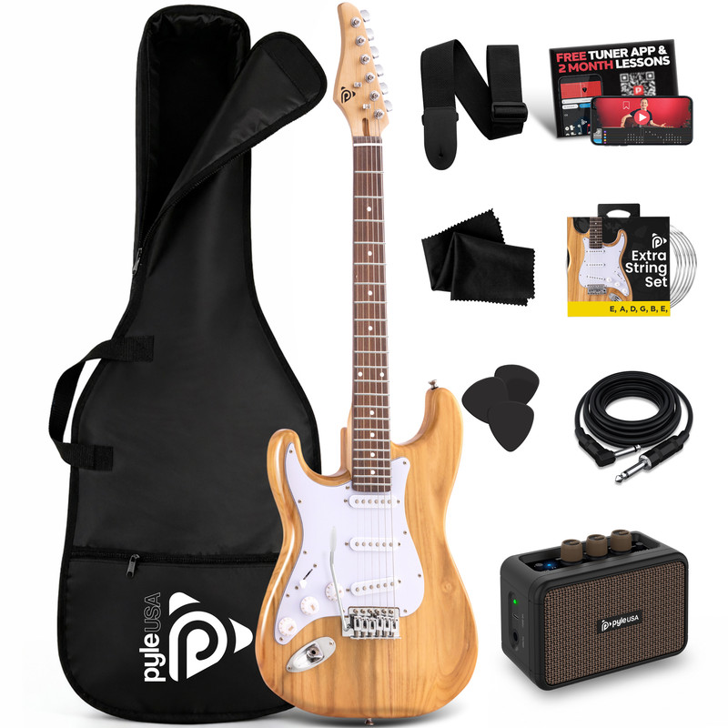 Ein Gitarrenset mit einer E-Gitarre, Tasche, Verstärker, Gurt, Kabel, Plektren, Saiten.