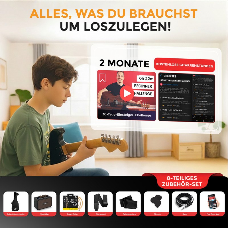 Junge spielt Gitarre vor Bildschirm mit Online-Gitarrenkurs und Zubehör.