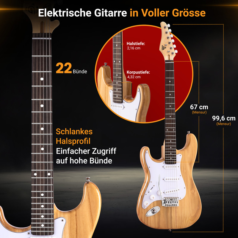 Eine elektrische Gitarre mit 22 Bünden, schlankem Halsprofil und Maßen.