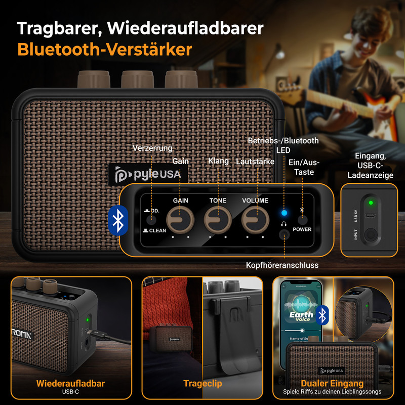 Tragbarer Bluetooth-Verstärker mit Reglern, Anschlüssen und Zubehör wie Trageclip.