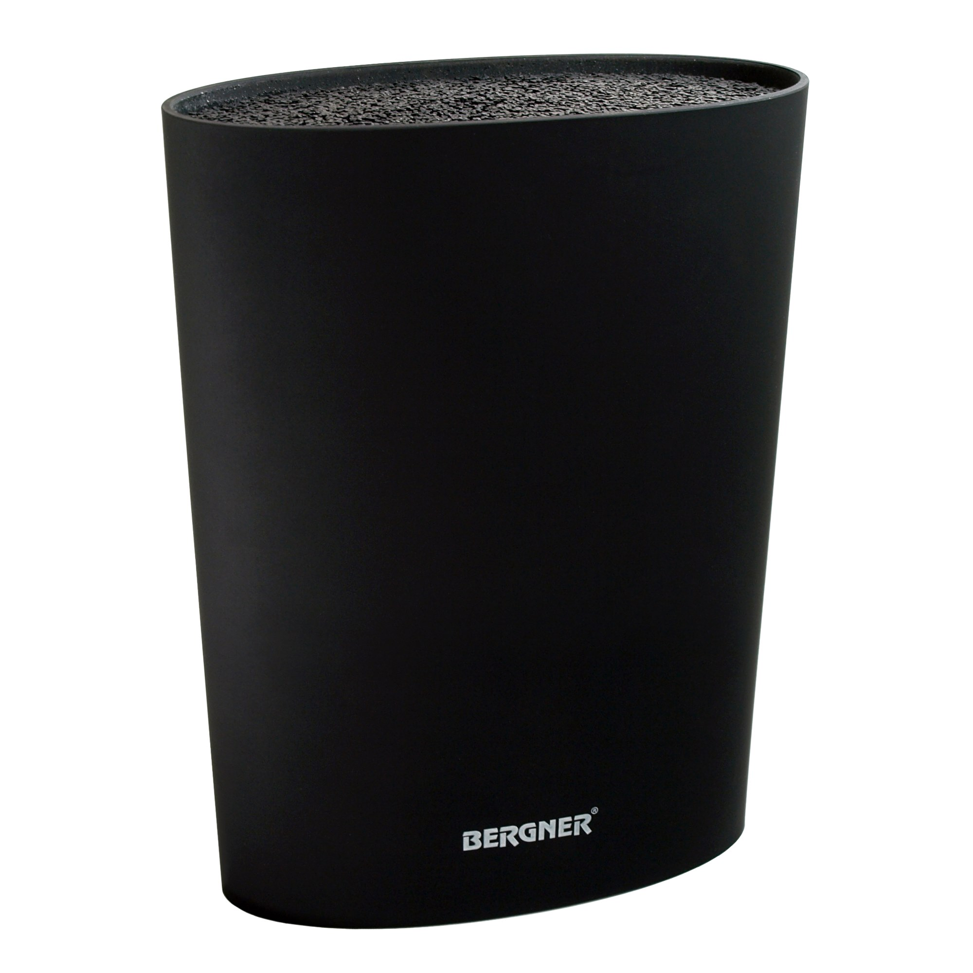 Un bloque de cuchillos de plástico negro con el logo de Bergner.