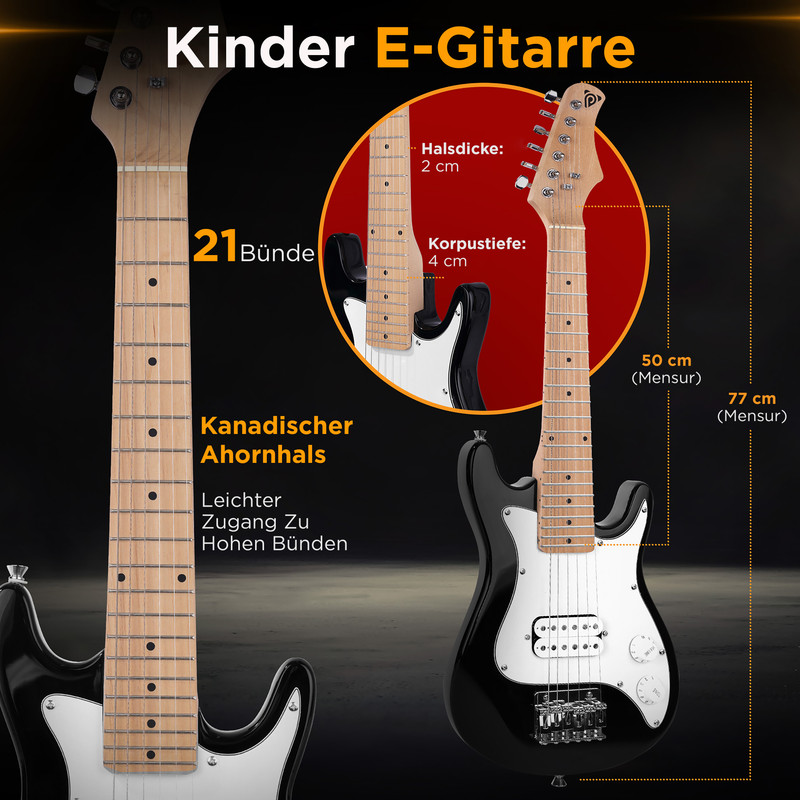 Eine schwarze Kinder E-Gitarre mit Ahornhals und Details zu Maßen.