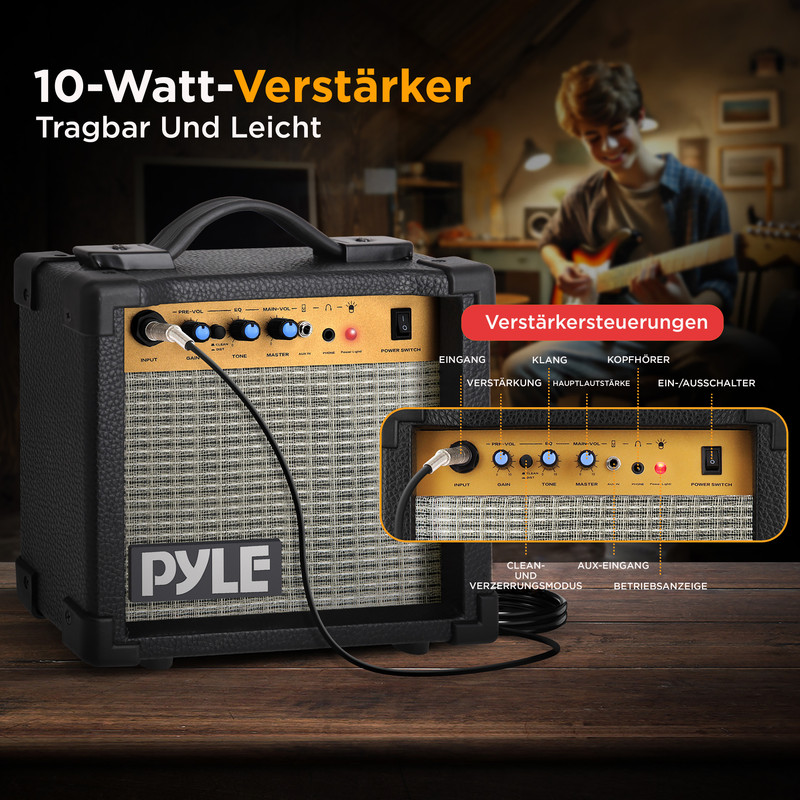 Ein kompakter schwarzer Pyle-Gitarrenverstärker mit Reglern und Anschlüssen.