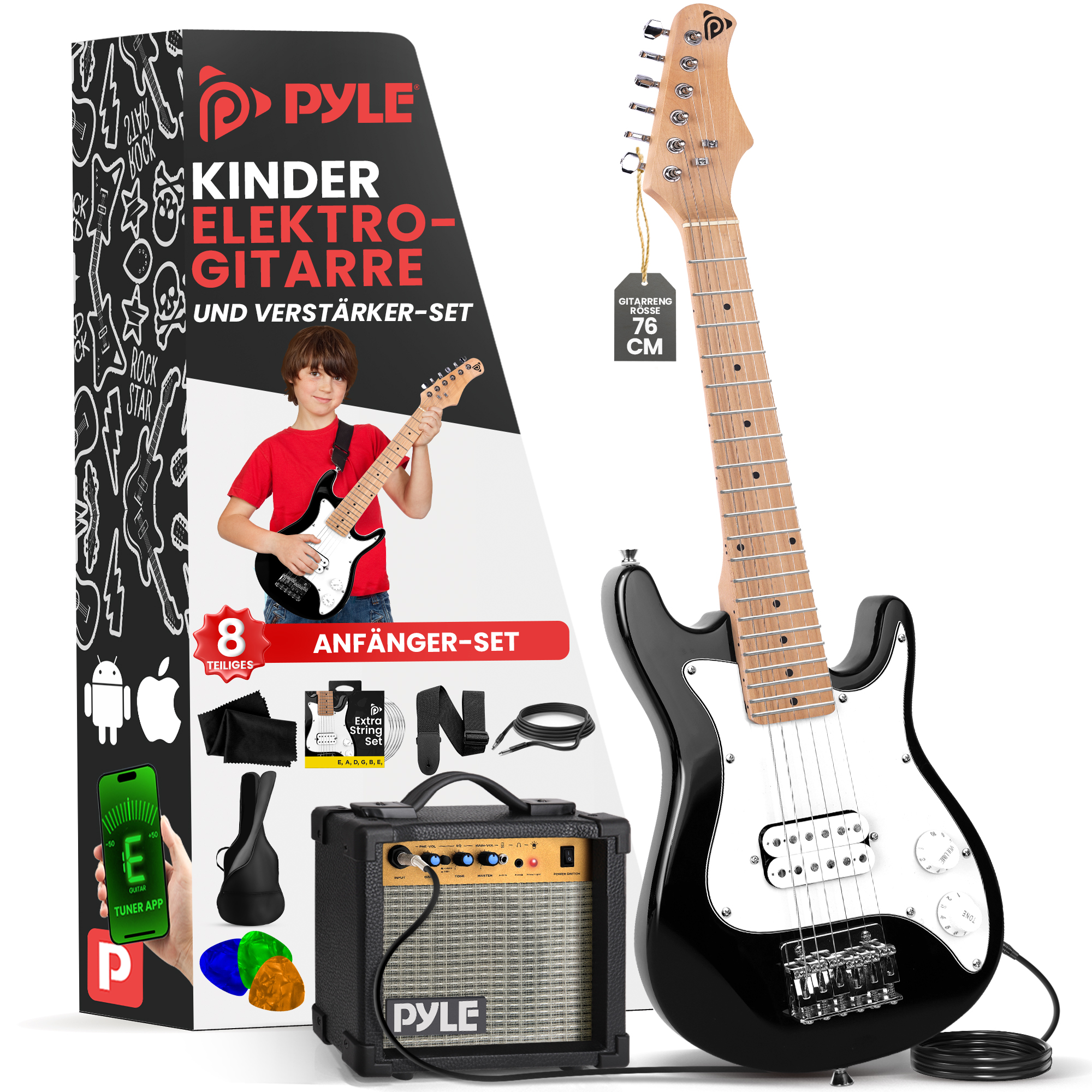 Ein schwarzes Kinder-E-Gitarren-Set mit Verstärker, Kabel, Gurt und Zubehör.