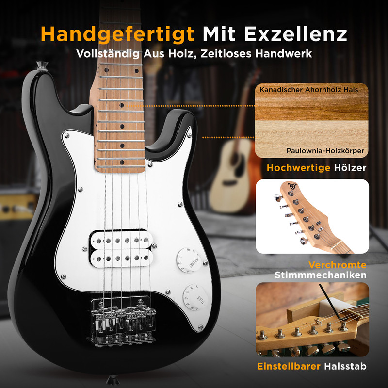 Schwarze E-Gitarre mit weißem Schlagbrett, Holzdetails und Text. Handgefertigte Exzellenz.