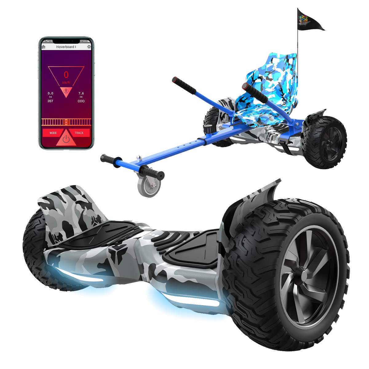 Un hoverboard de camuflaje, un accesorio de go-kart y un smartphone.