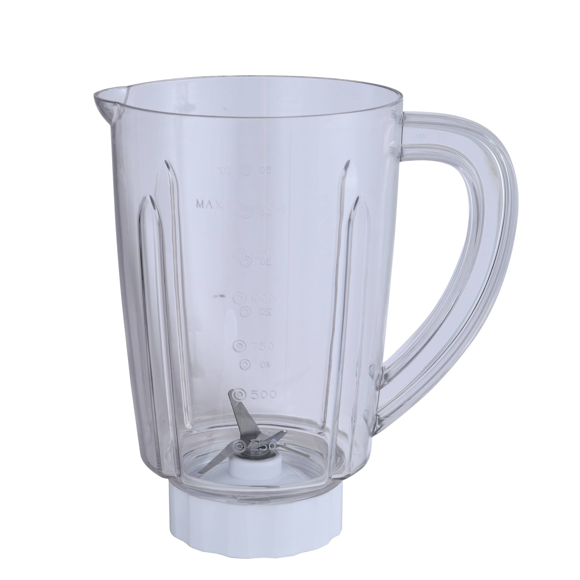 Un vaso de licuadora transparente con asa y cuchillas, con marcas de medición.
