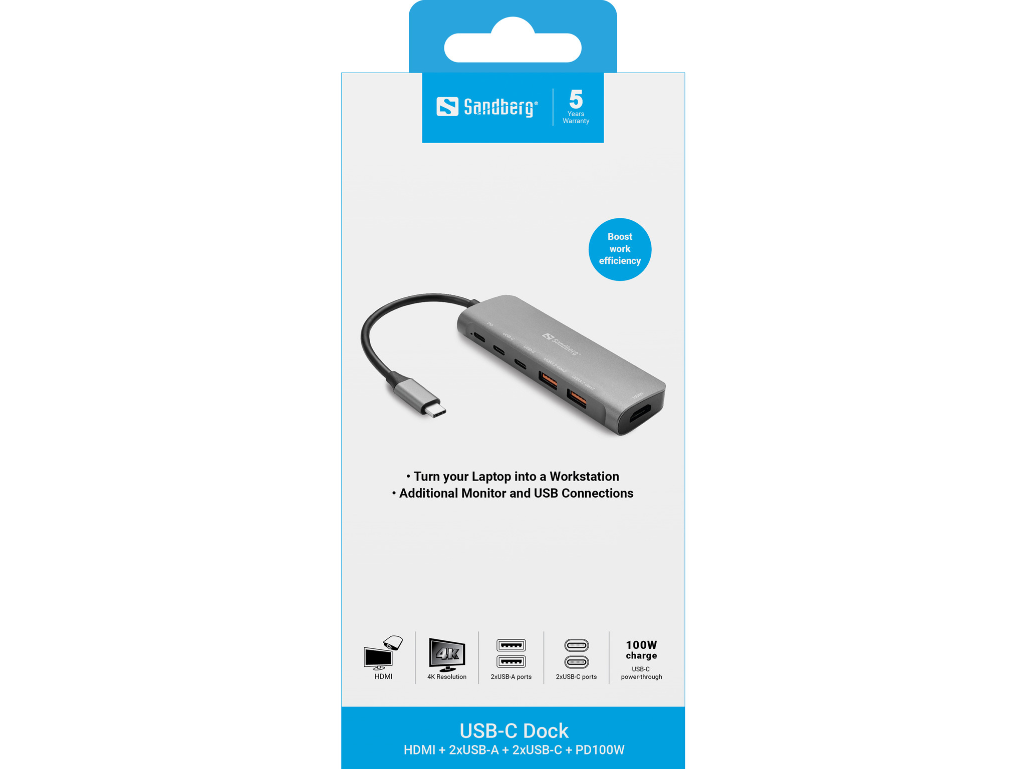 Dock USB-C grigio con cavo, porte e informazioni sul prodotto.