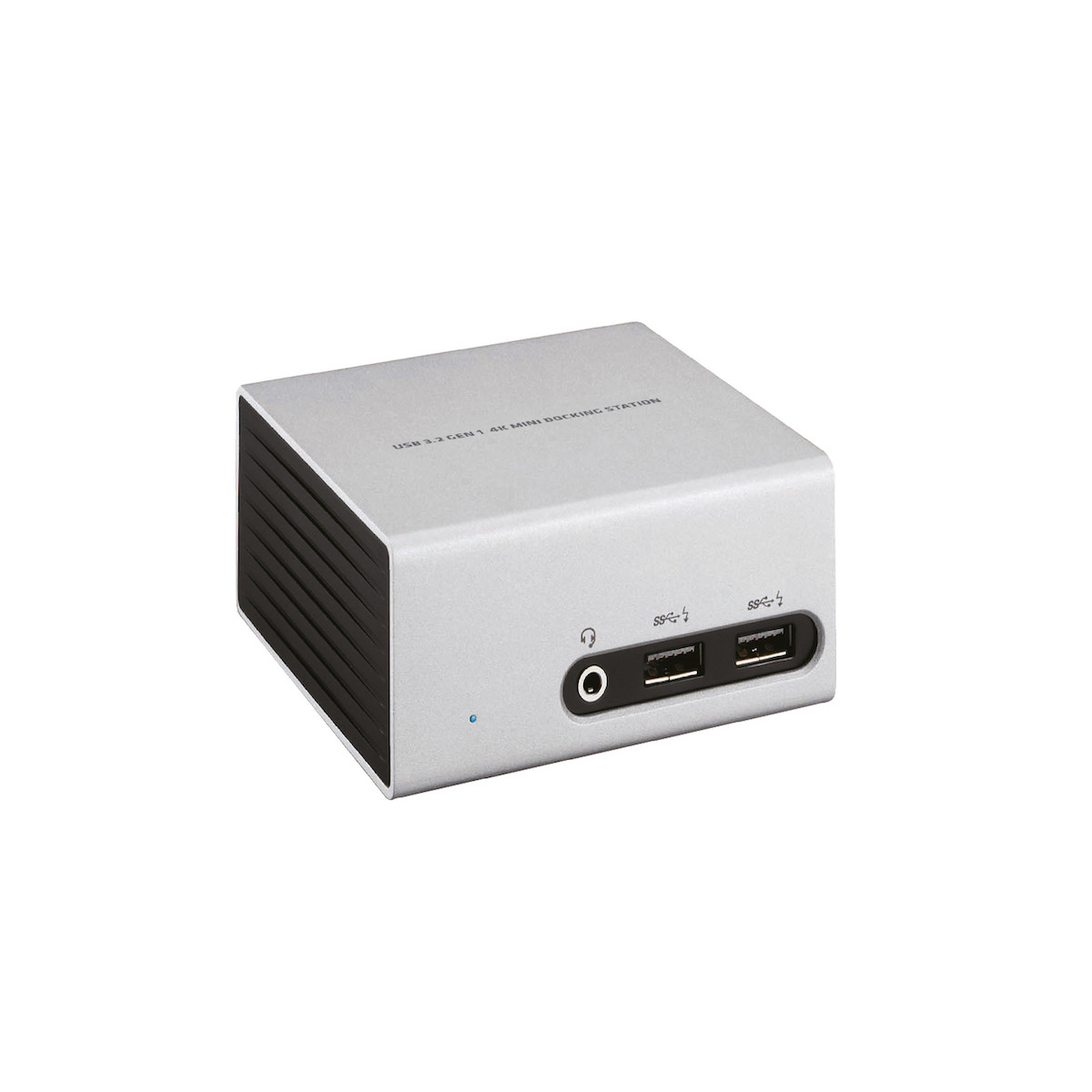 Silberne Mini-Dockingstation mit USB-Anschlüssen und Kopfhörerbuchse.