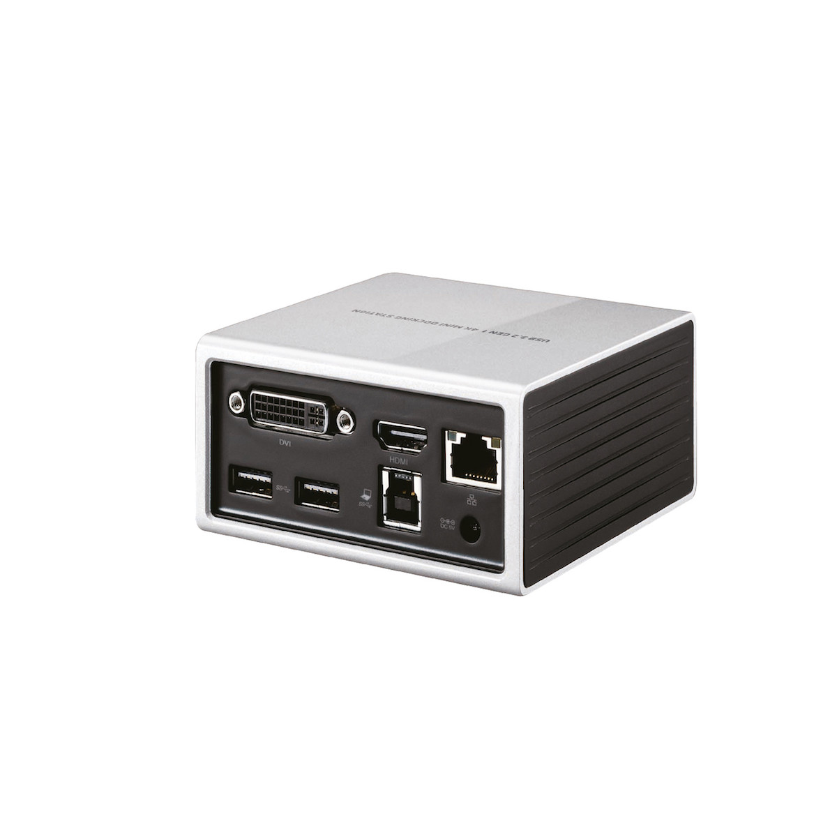 Silberne Dockingstation mit DVI-, HDMI-, USB-, Ethernet- und DC-Stromanschlüssen.
