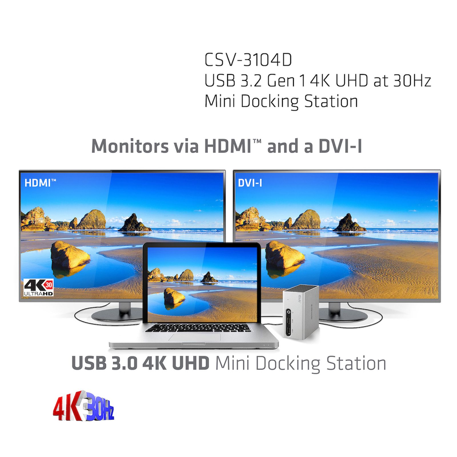 Ein Laptop, zwei Monitore und eine Dockingstation auf einem weißen Hintergrund.