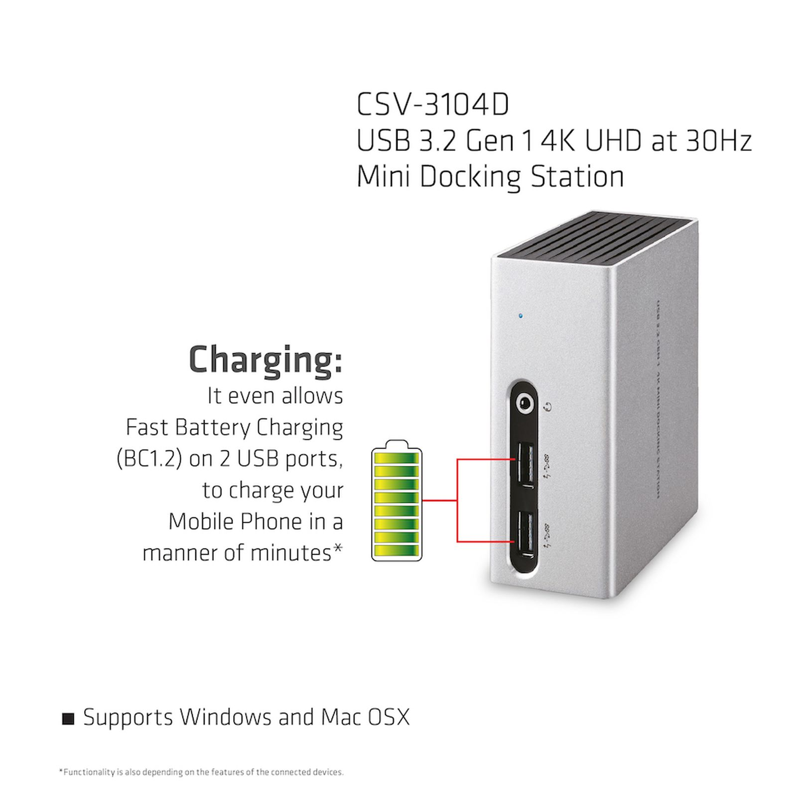 Silberne Mini-Dockingstation mit USB-Anschlüssen und Ladeanzeige.