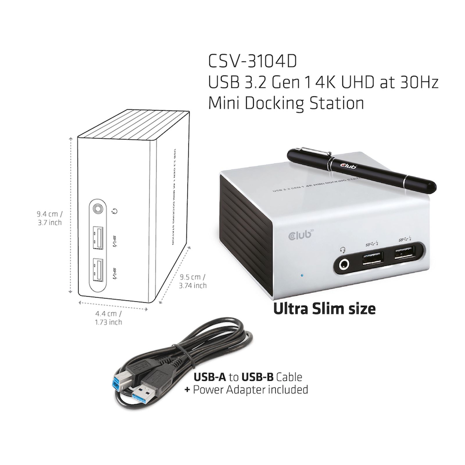 Club CSV-3104D Dockingstation mit Stift, Kabel und Maßen.