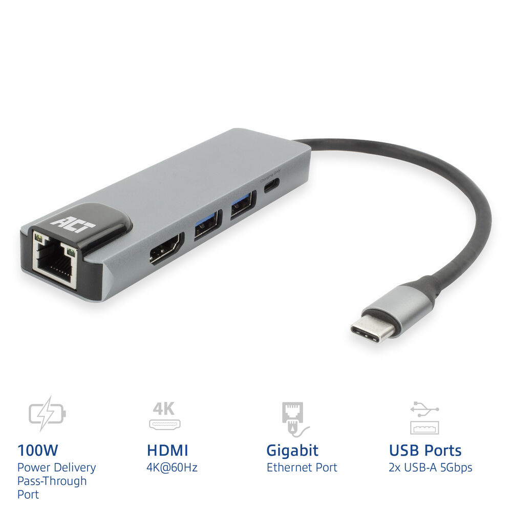 Hub USB-C grigio con porte Ethernet, HDMI e USB-A.