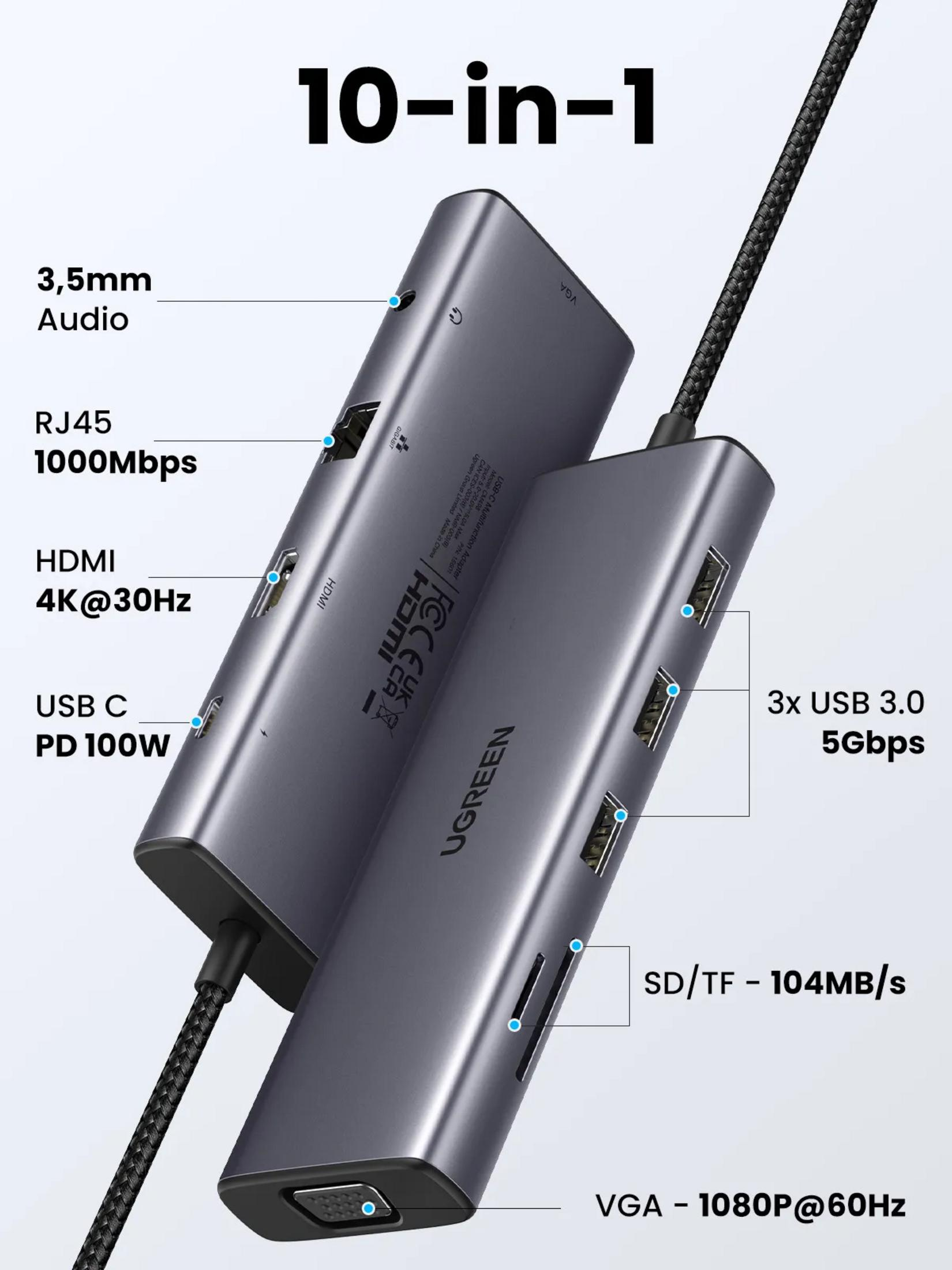Hub USB-C grigio 10 in 1 con porte audio, RJ45, HDMI, USB-C, USB 3.0, SD/TF e VGA.