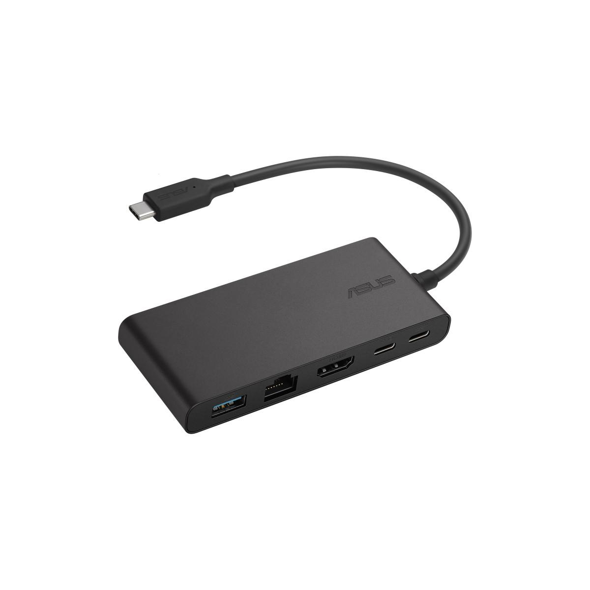 Black USB-C hub with HDMI, USB-A, and Ethernet ports.