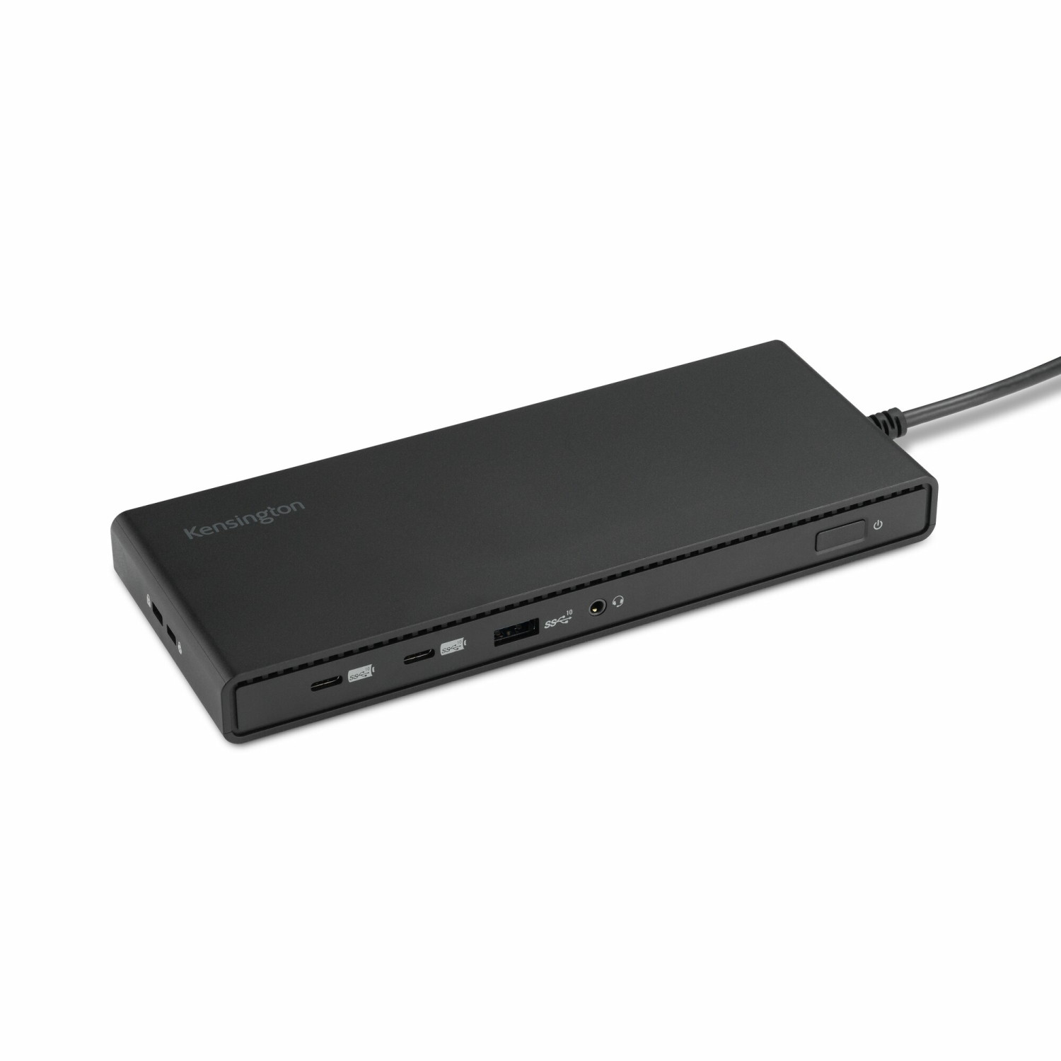 Zwarte Kensington docking station met USB-C poorten en aan/uit knop.