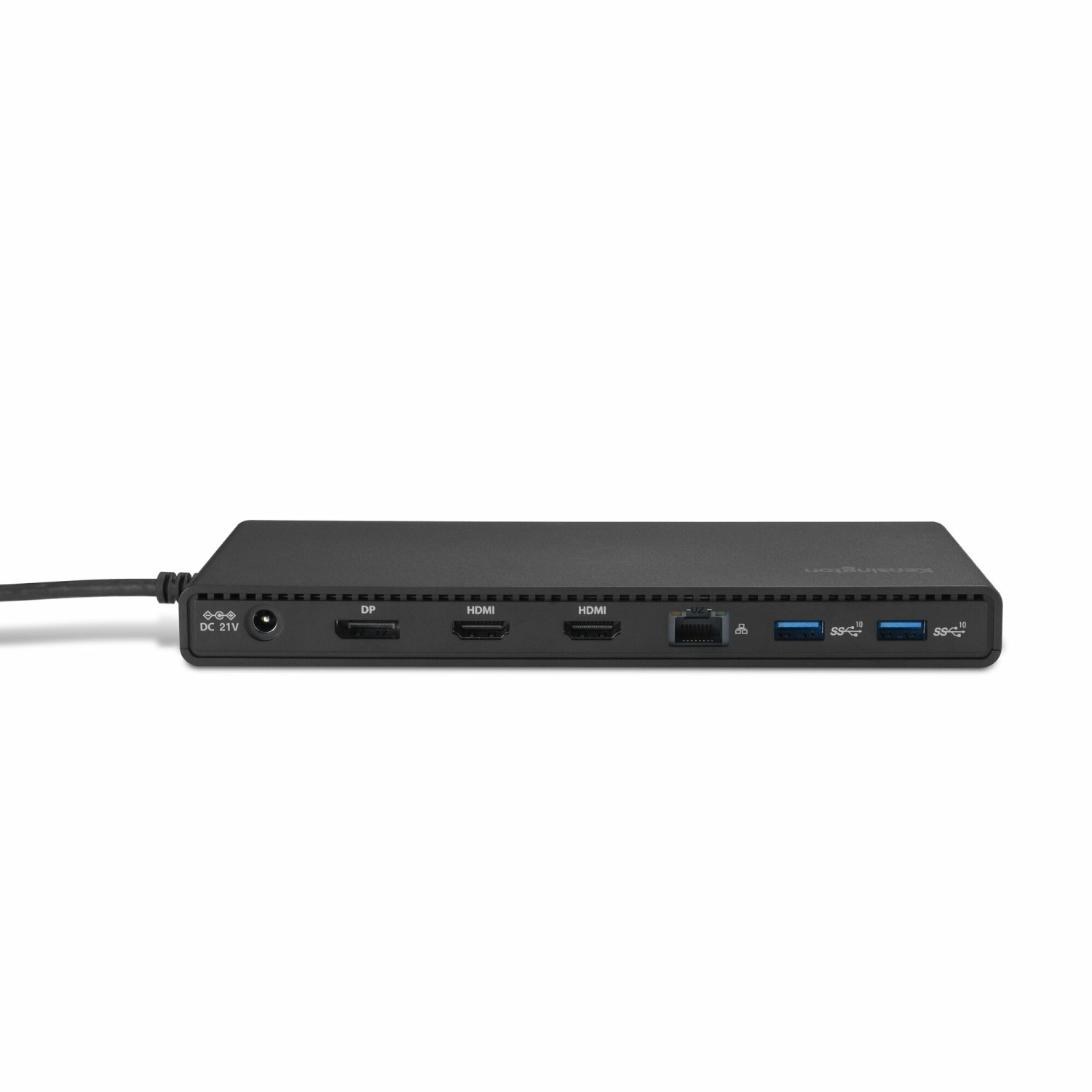 Zwarte dockinghub met DC IN, DP, HDMI, Ethernet en USB-poorten.