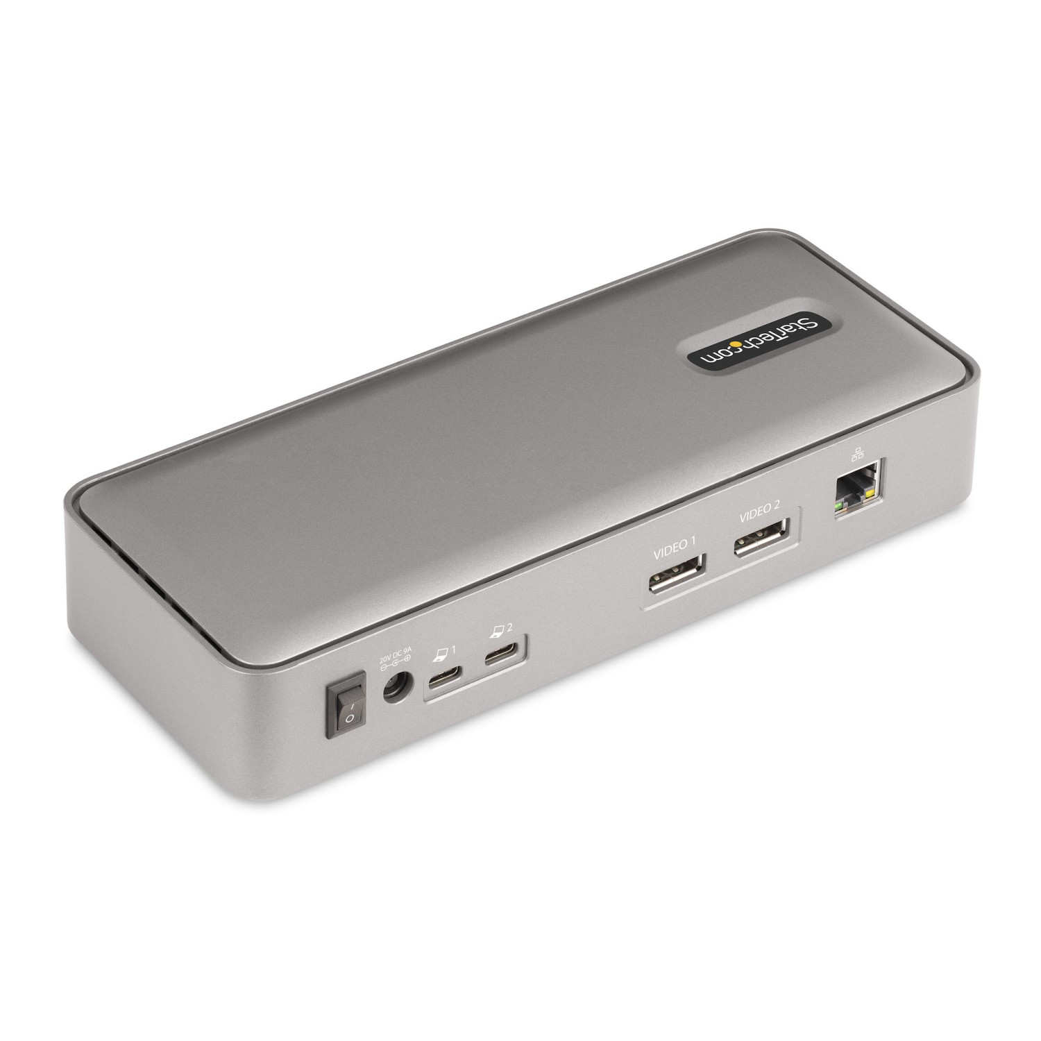 Silberne StarTech.com Dockingstation mit Netzschalter, DC-Eingang, USB-C, HDMI, USB-A und Ethernet-Anschlüssen.