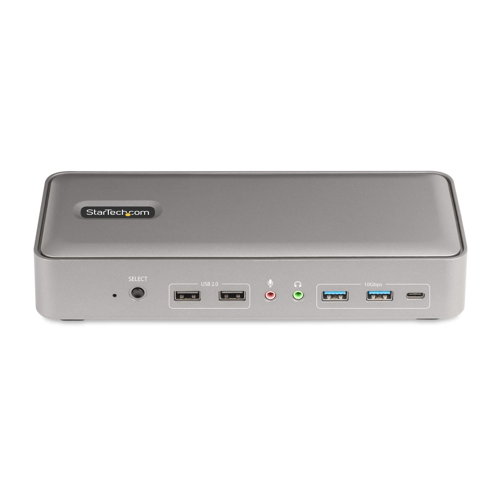 Grauer Kasten mit Anschlüssen: Select, USB 2.0, Mikrofon, Kopfhörer, 10Gbps USB, USB-C.