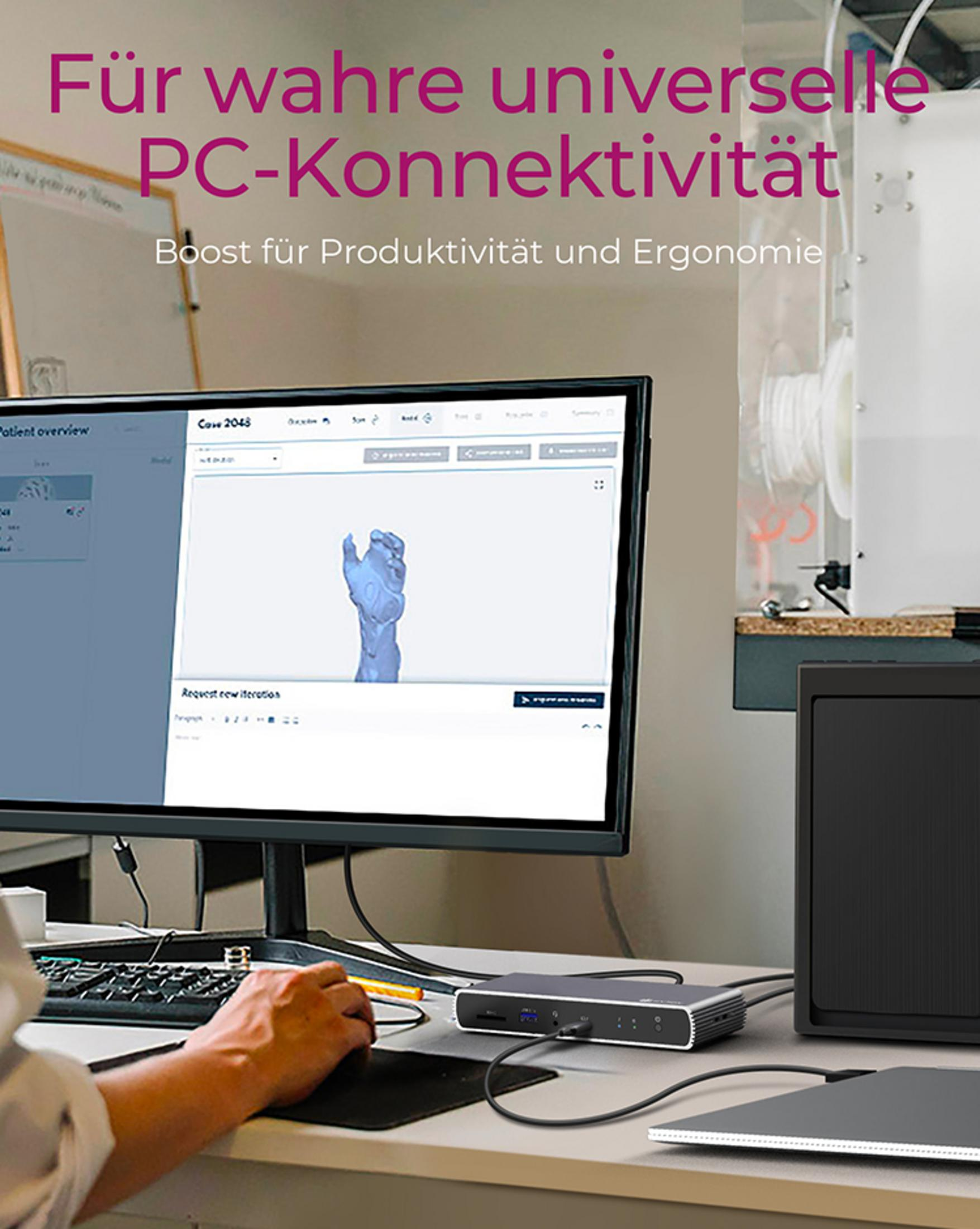 Ein Schreibtisch mit Computermonitor, der ein 3D-Modell einer Hand zeigt.