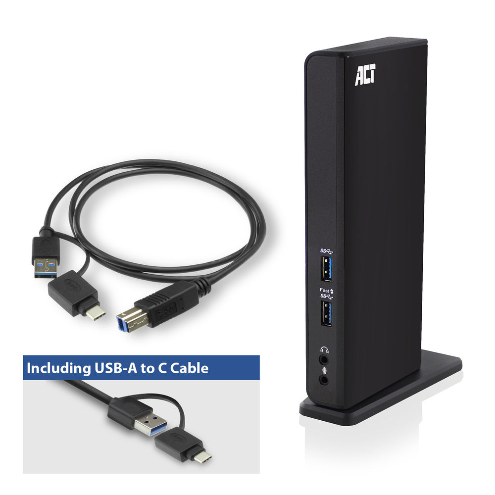 Hub verticale nero ACT con porte USB-A e USB-C e un cavo da USB-A a C.
