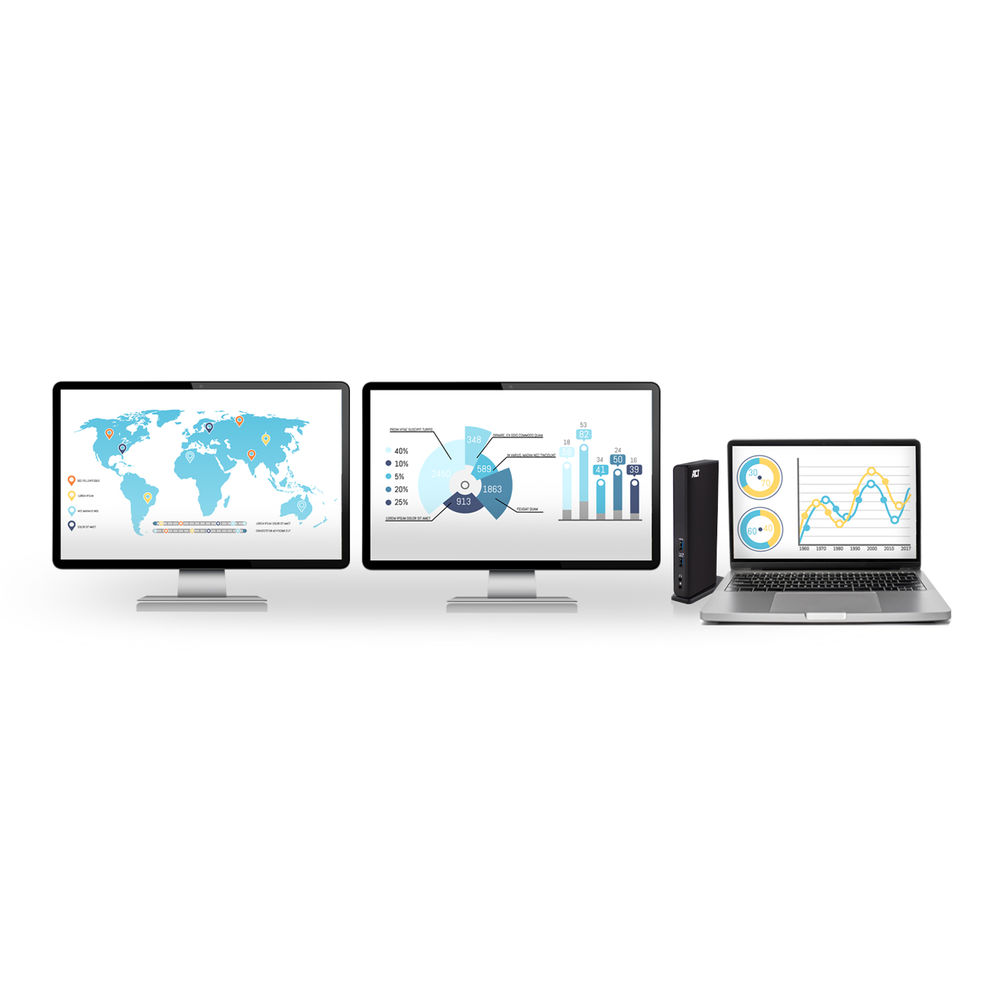 Tre monitor e un laptop mostrano grafici e una mappa del mondo.