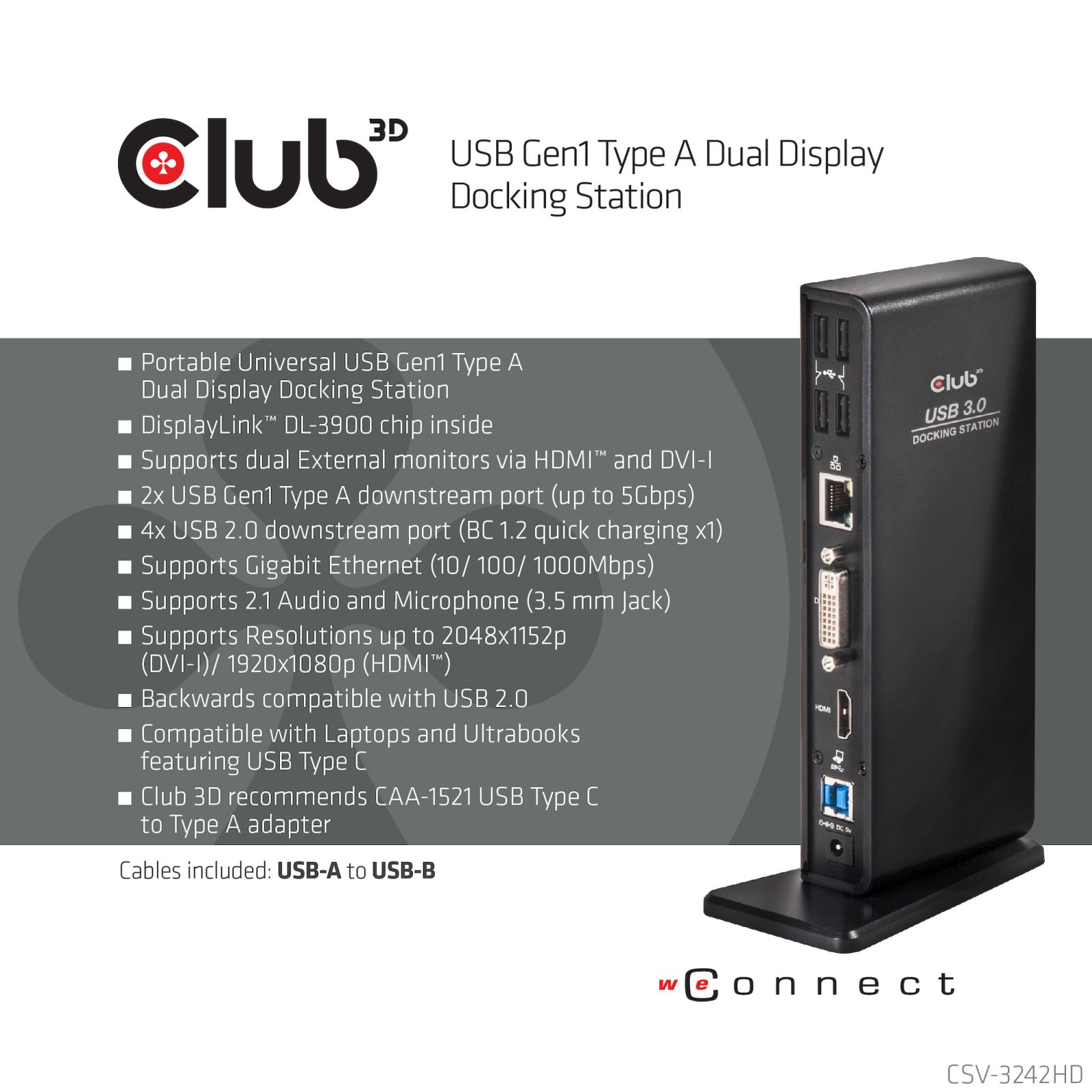Stazione di docking USB nera con porte e caratteristiche elencate.