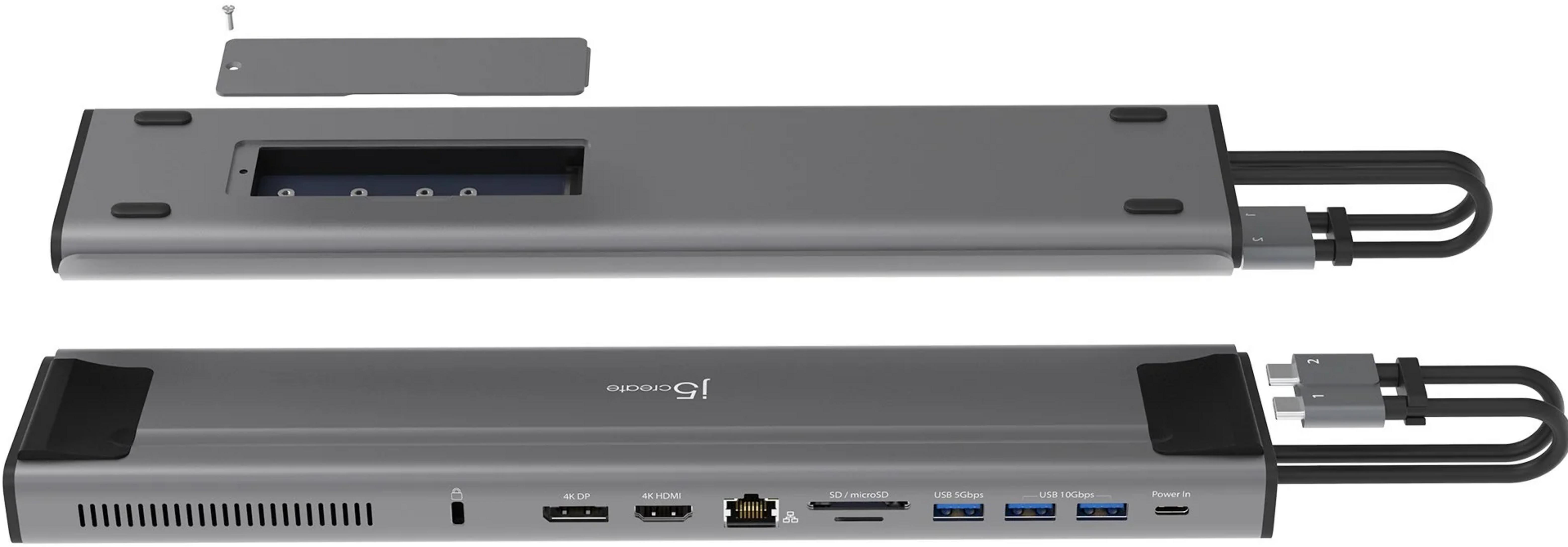 Hub USB-C grigio con porte: 4K DP, 4K HDMI, SD/microSD, USB 5Gbps, USB 10Gbps, Power In.