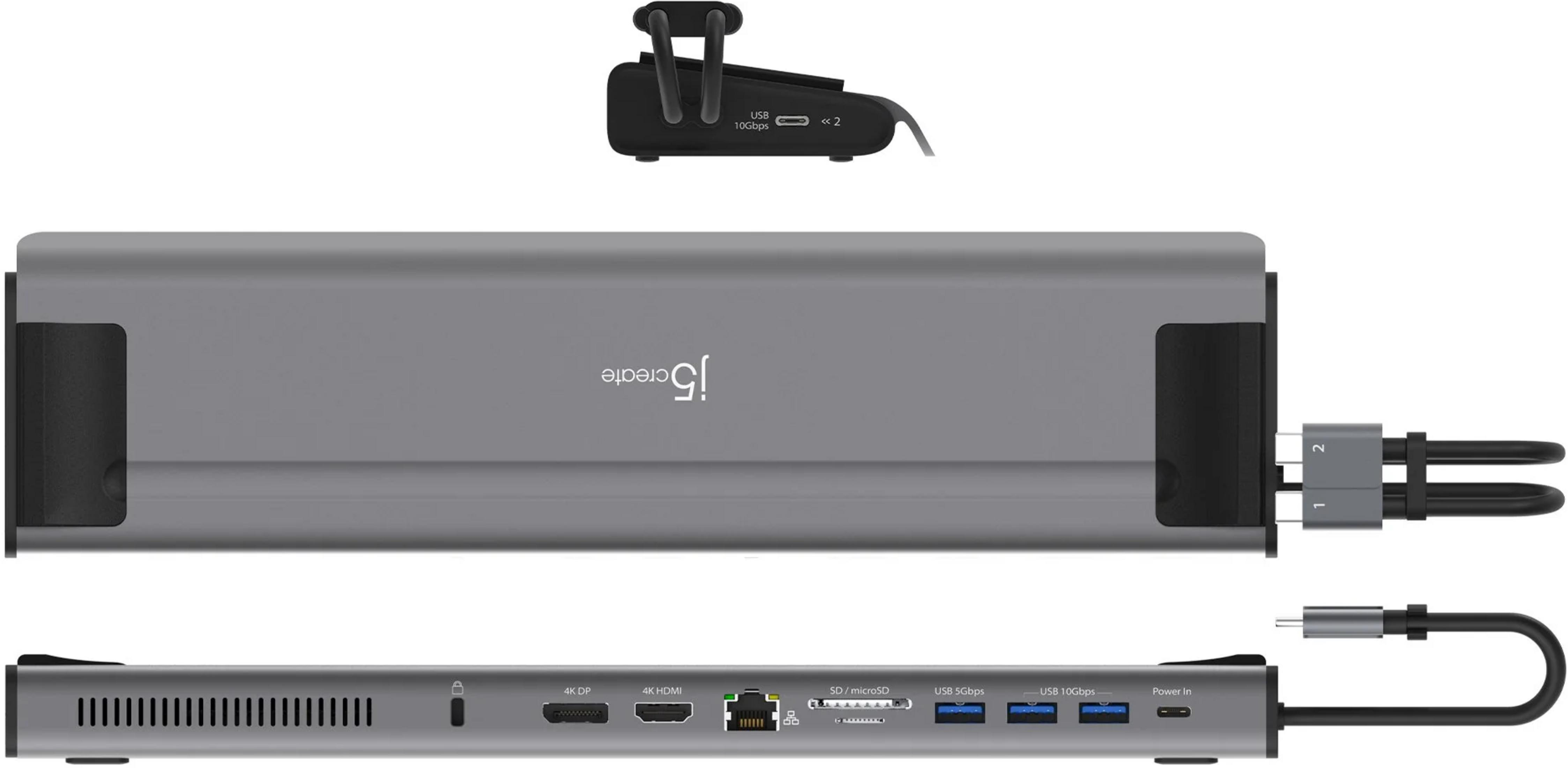 Hub USB-C grigio con porte: 4K DP, HDMI, Ethernet, SD/microSD, USB 5/10 Gbps, Power In.