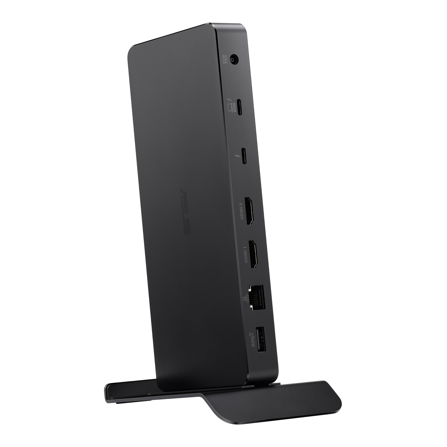 Black docking stand with ports: DCIN, 96W, Thunderbolt, HDMI 2, HDMI 1, LAN, USB SS10.
