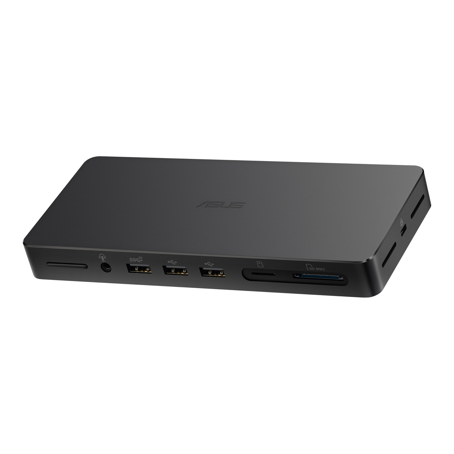 Black ASUS docking station with USB ports, audio jack, SD and MMC card readers.