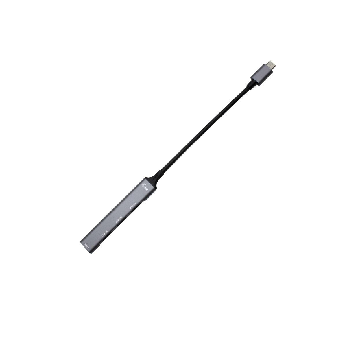 Hub USB-C gris avec plusieurs ports et câble noir sur fond blanc.