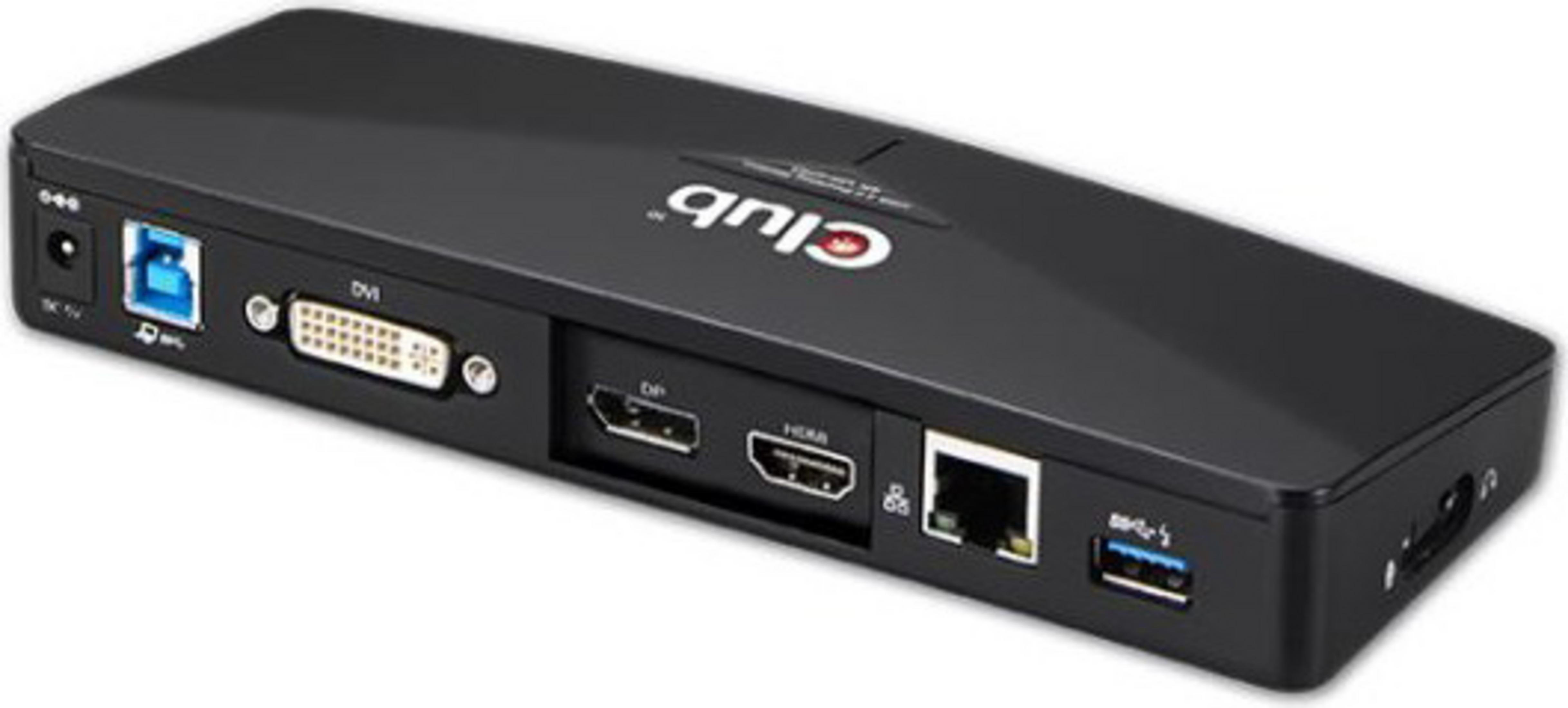 Schwarzes elektronisches Gerät mit Anschlüssen: DC-Strom, USB, DVI, DP, HDMI, LAN, USB 3.0 und Audio.