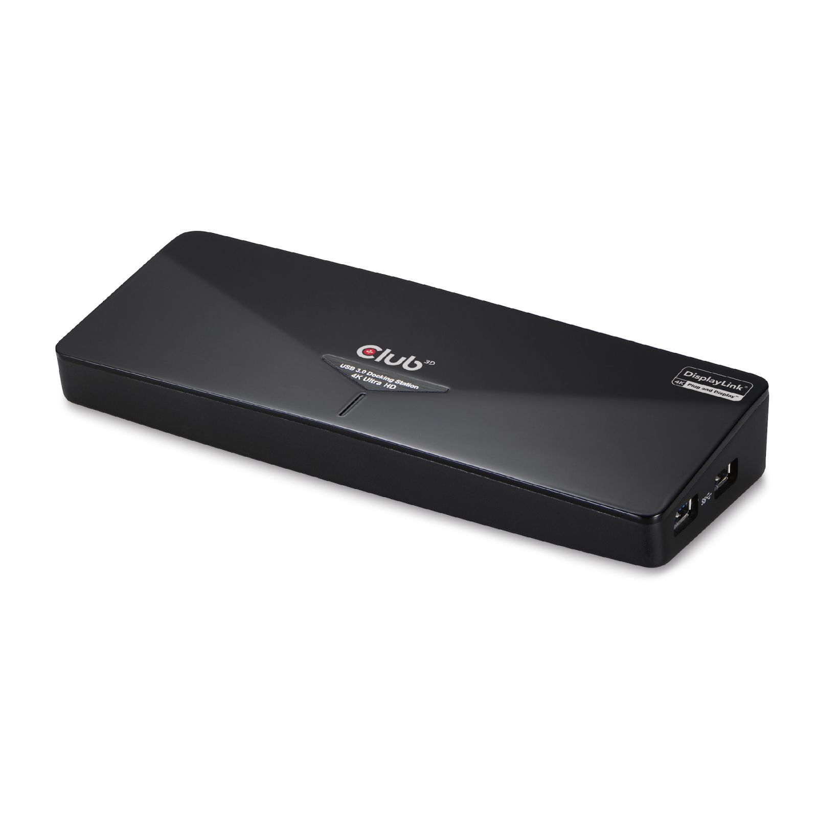Schwarzer USB 3.0 Docking Station mit DisplayLink-Logo.