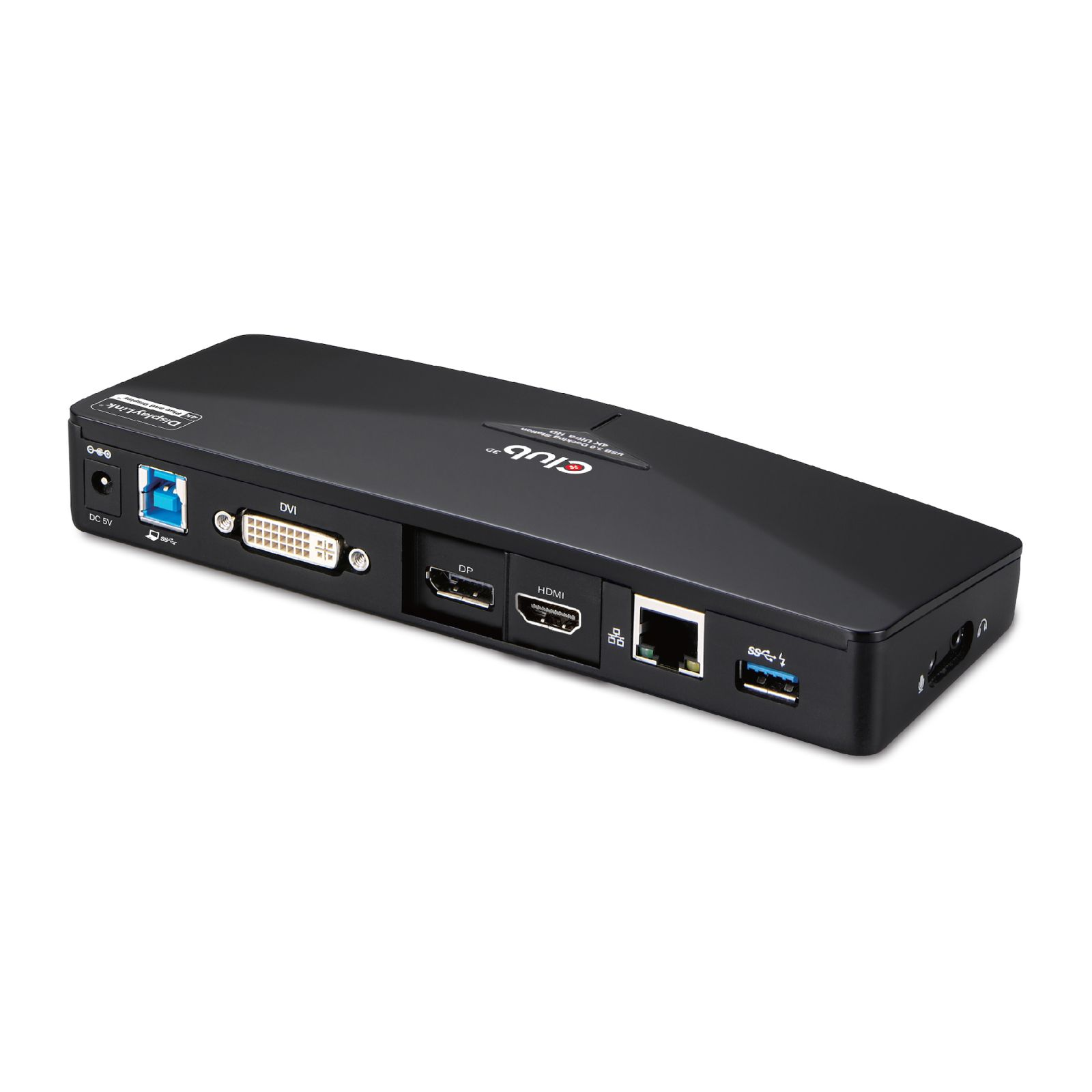 Schwarze Dockingstation mit DC 5V, USB, DVI, DP, HDMI, Ethernet und USB-Anschlüssen.