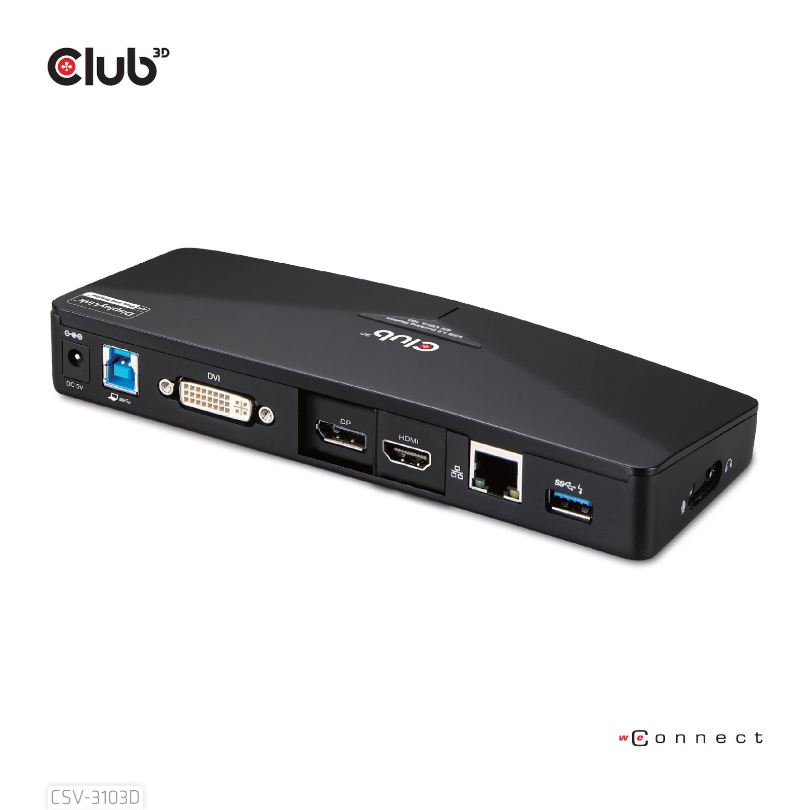 Schwarzer USB-C-Dockingstation mit Anschlüssen: DC 5V, USB, DVI, DP, HDMI, LAN, USB
