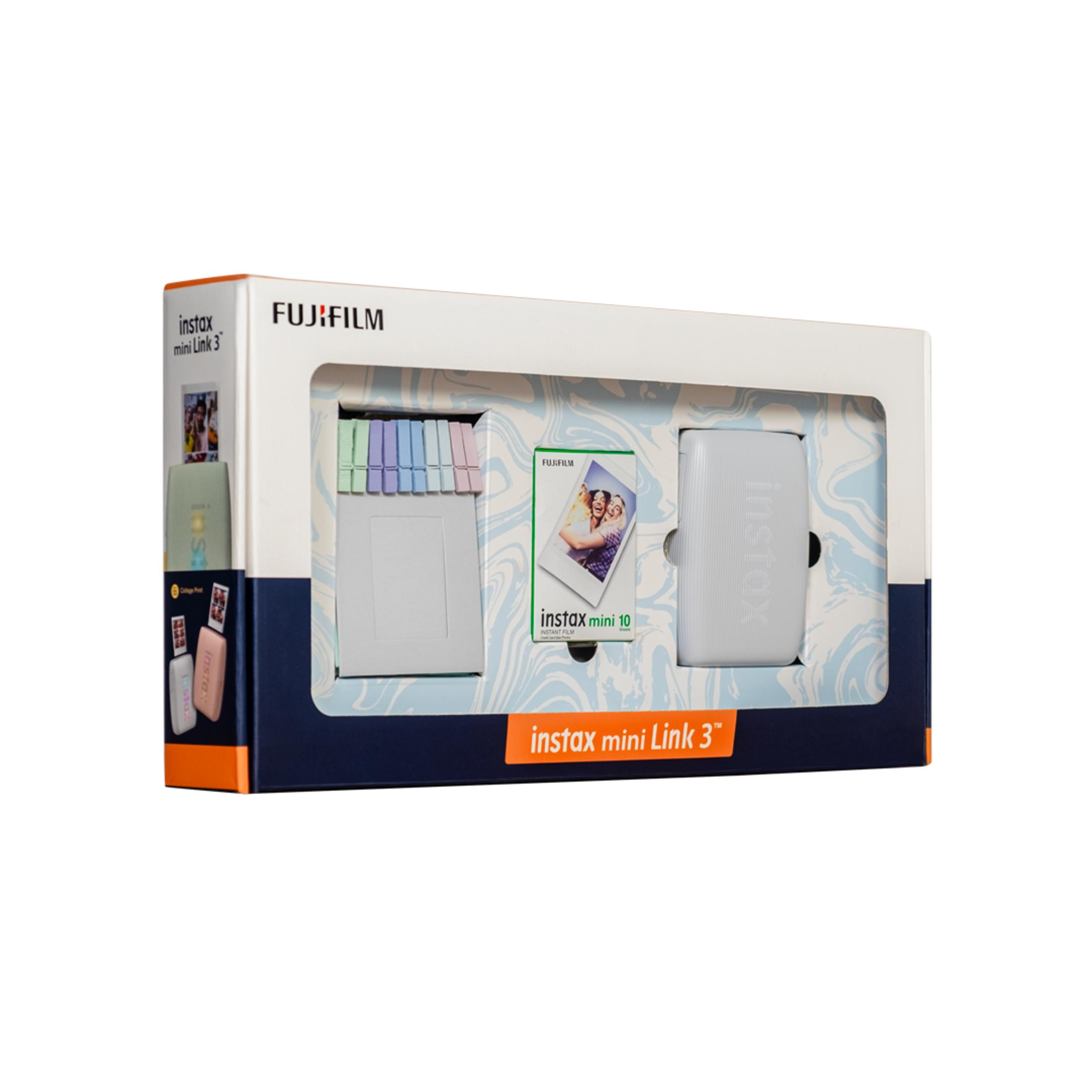 Yazıcı, film paketi ve klips içeren Fujifilm Instax Mini Link 3 setinin ambalajı.
