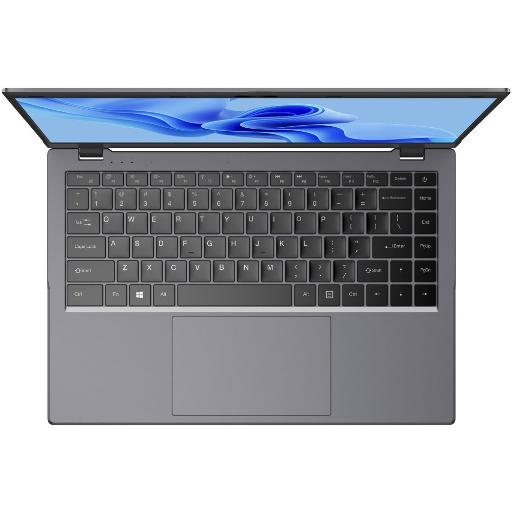 Laptop grigio con schermo aperto, primo piano della tastiera.
