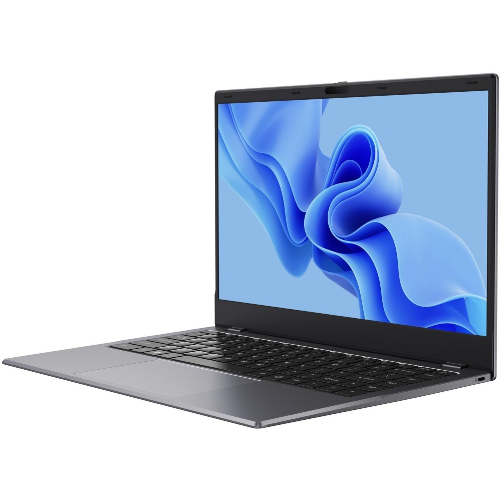 Un laptop grigio con uno sfondo blu sullo schermo.