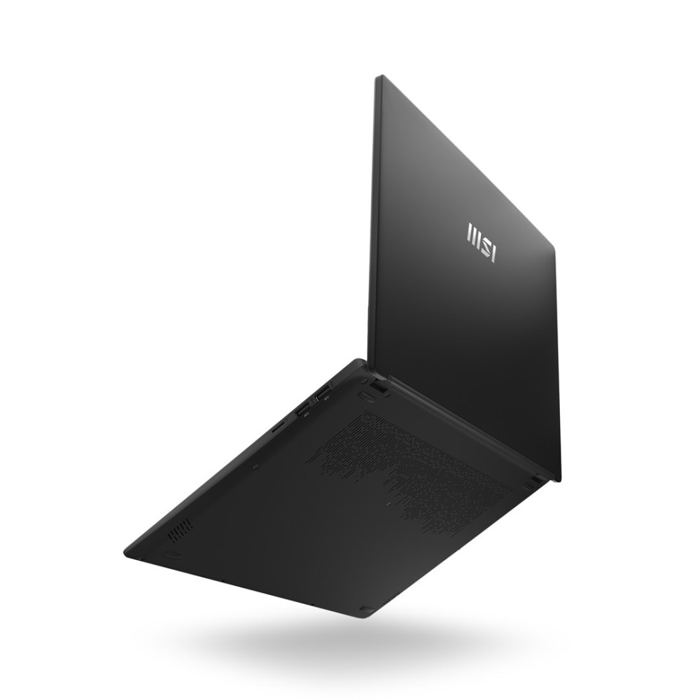 Ein schwarzer Laptop, von unten und schräg hinten gezeigt, mit offenem Bildschirm.