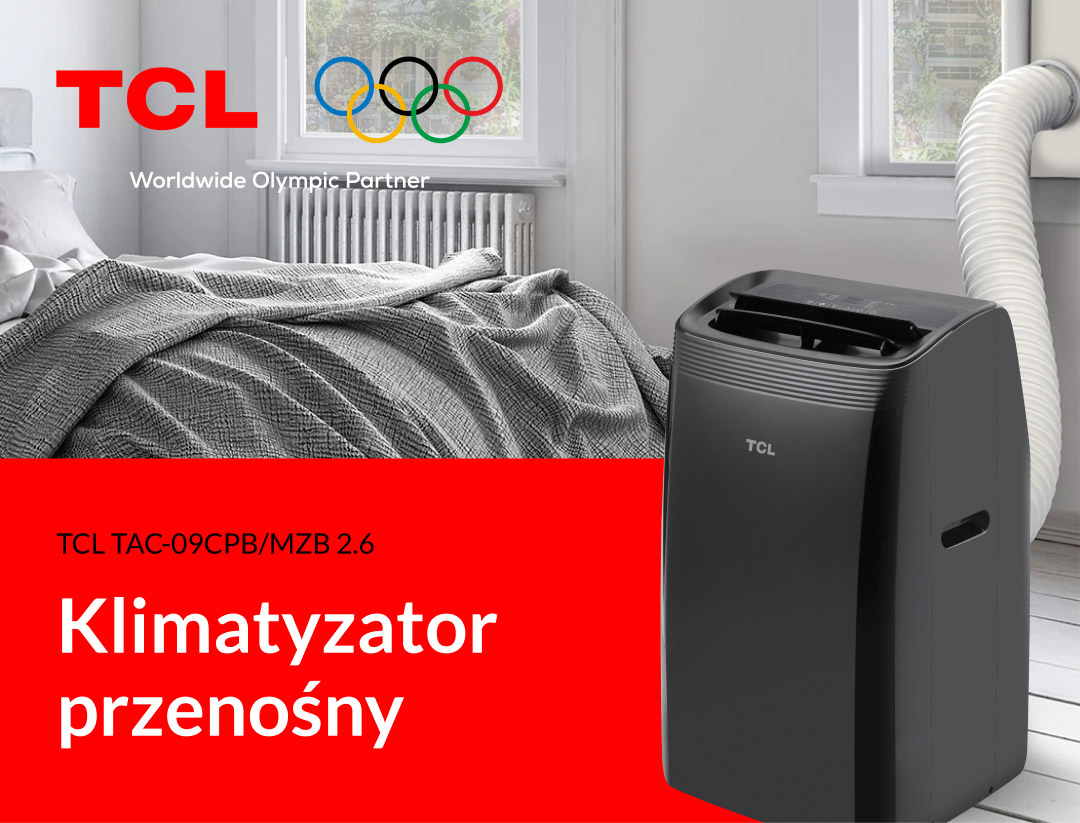 Czarna przenośna klimatyzacja TCL obok łóżka.