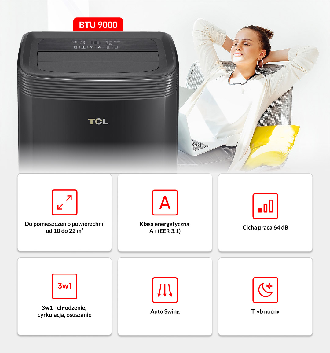 Czarna przenośna klimatyzacja TCL z ikonami rozmiaru, efektywności energetycznej, hałasu, chłodzenia i trybu nocnego.