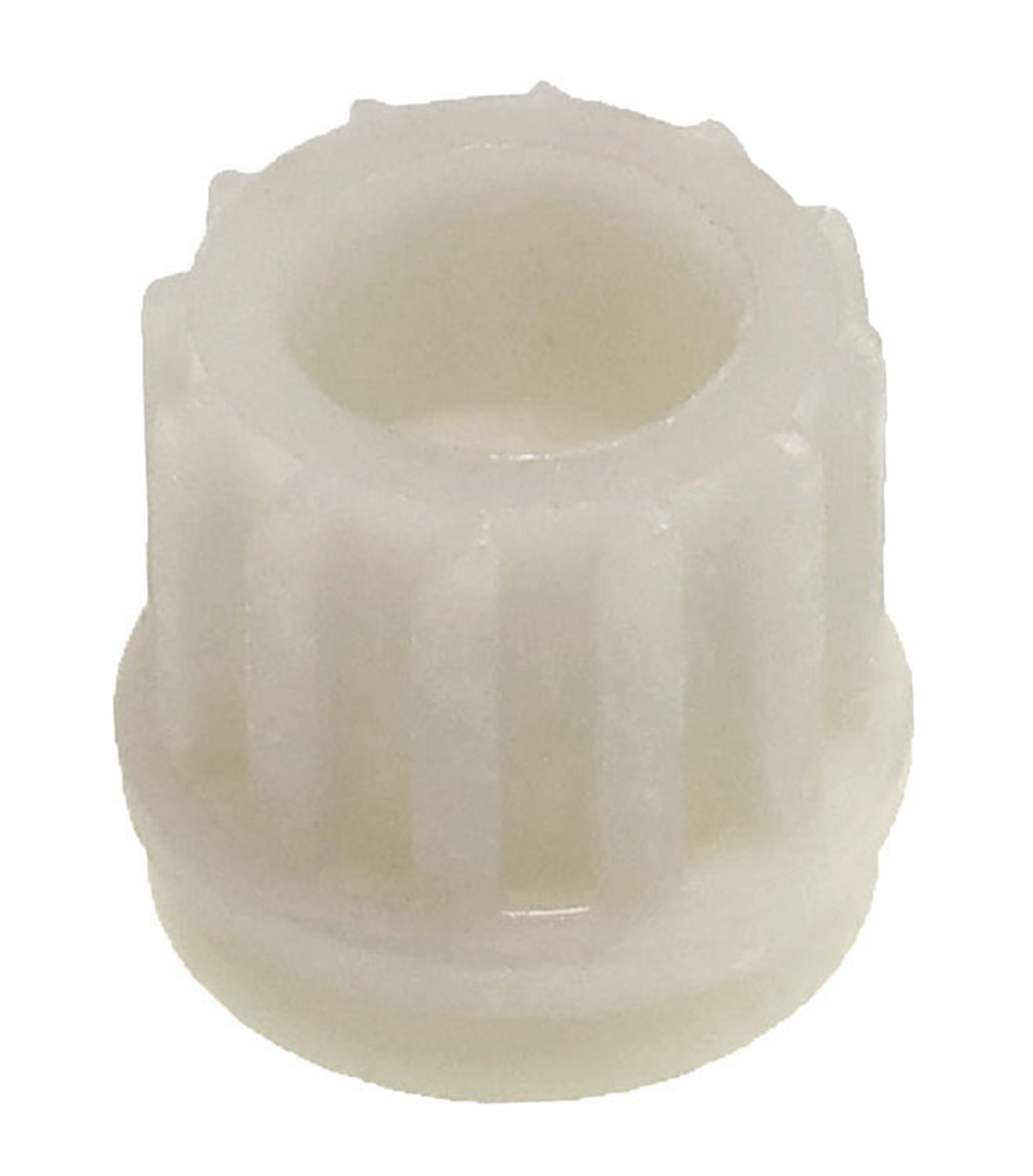 Ein weißer Kunststoffzahnrad-Adapter mit gerillten Seiten und einem gezahnten oberen Rand.